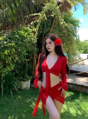 SHICHEN 纯欲大红色显白性感比基尼四件套分体泳衣女长袖遮肉度假