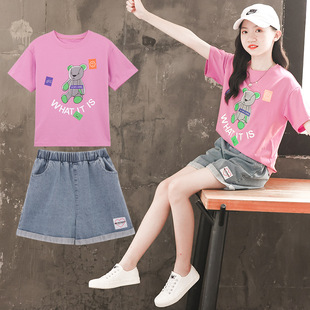 女童短袖套装夏季童装2026新款中大儿童网红女孩洋气夏装牛仔短裤