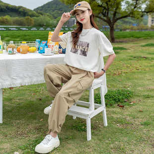 女童夏装套装2026新款中大童时髦韩系工装裤纯棉夏季直筒裤两件套