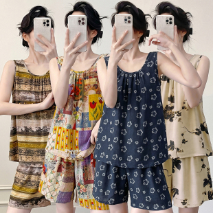 睡衣女夏季棉绸韩版小清新女士薄款宽松大码人造棉无袖短裤家居服