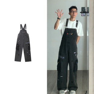 黑子舞想原创可爱灰尘精灵卡通刺绣背带裤 男女宽松bf潮牌阔腿裤