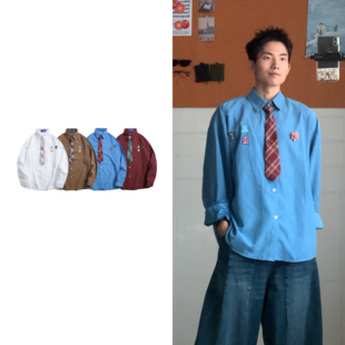 男女春秋宽松氛围感百搭休闲衫 衬衫 复古字母刺绣长袖 黑子舞想美式