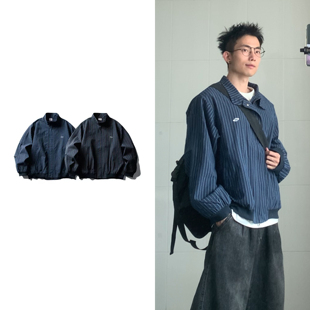 黑子舞想美式复古立领外套秋季新款古布条纹哈灵顿夹克百搭上衣