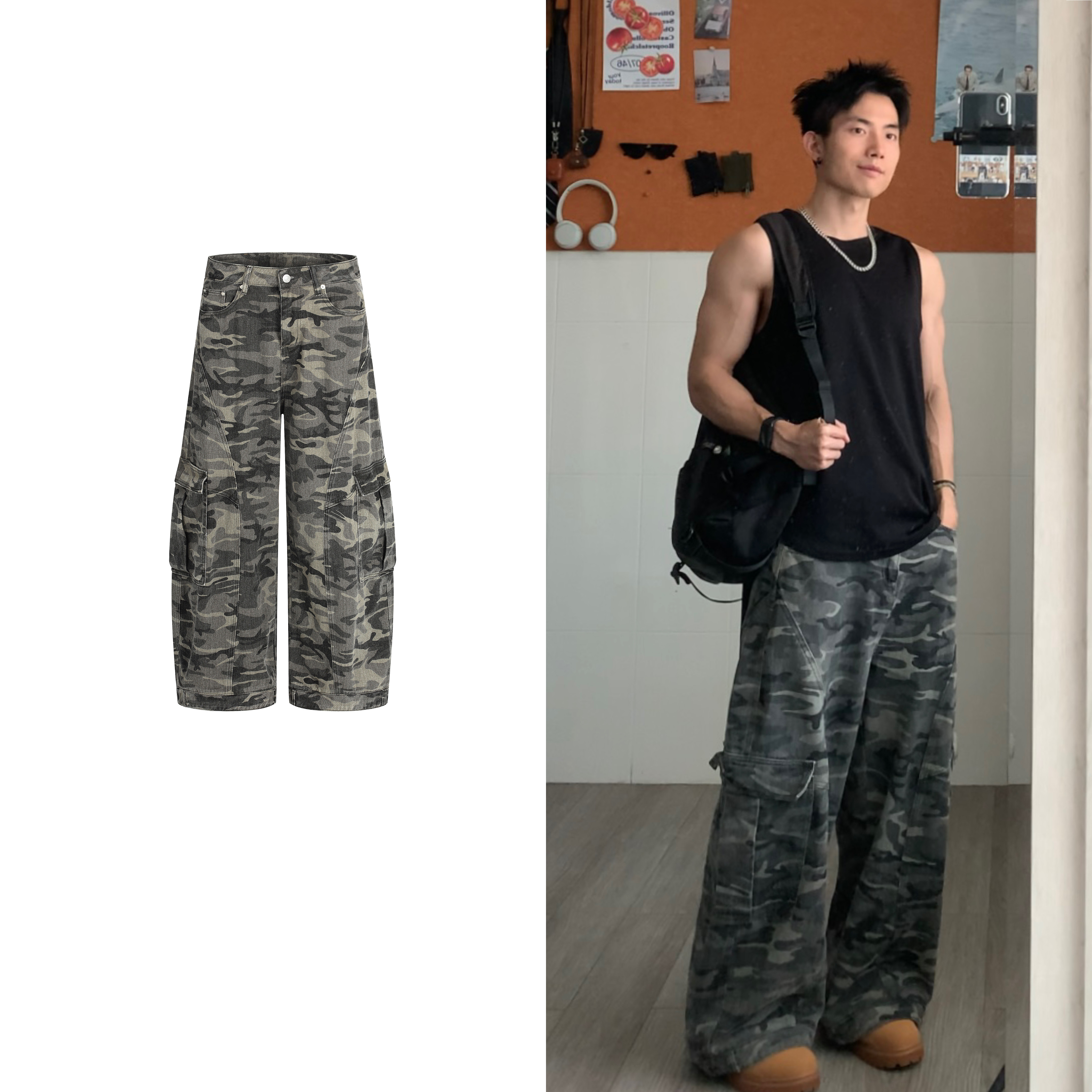 黑子舞想美式复古迷彩弯刀牛仔裤男女宽松休闲镰刀阔腿裤工装裤子图片