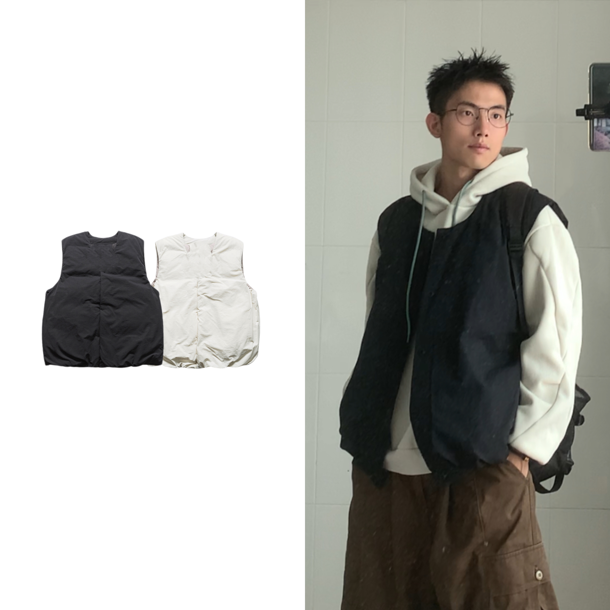 黑子舞想日系秋冬三防面料90白鸭绒工装羽绒服马甲男女BF宽松外套