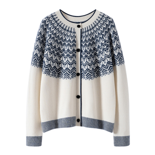 25秋冬新款100%纯羊绒圆领提花毛针织开衫女时尚宽松复古杂色外套