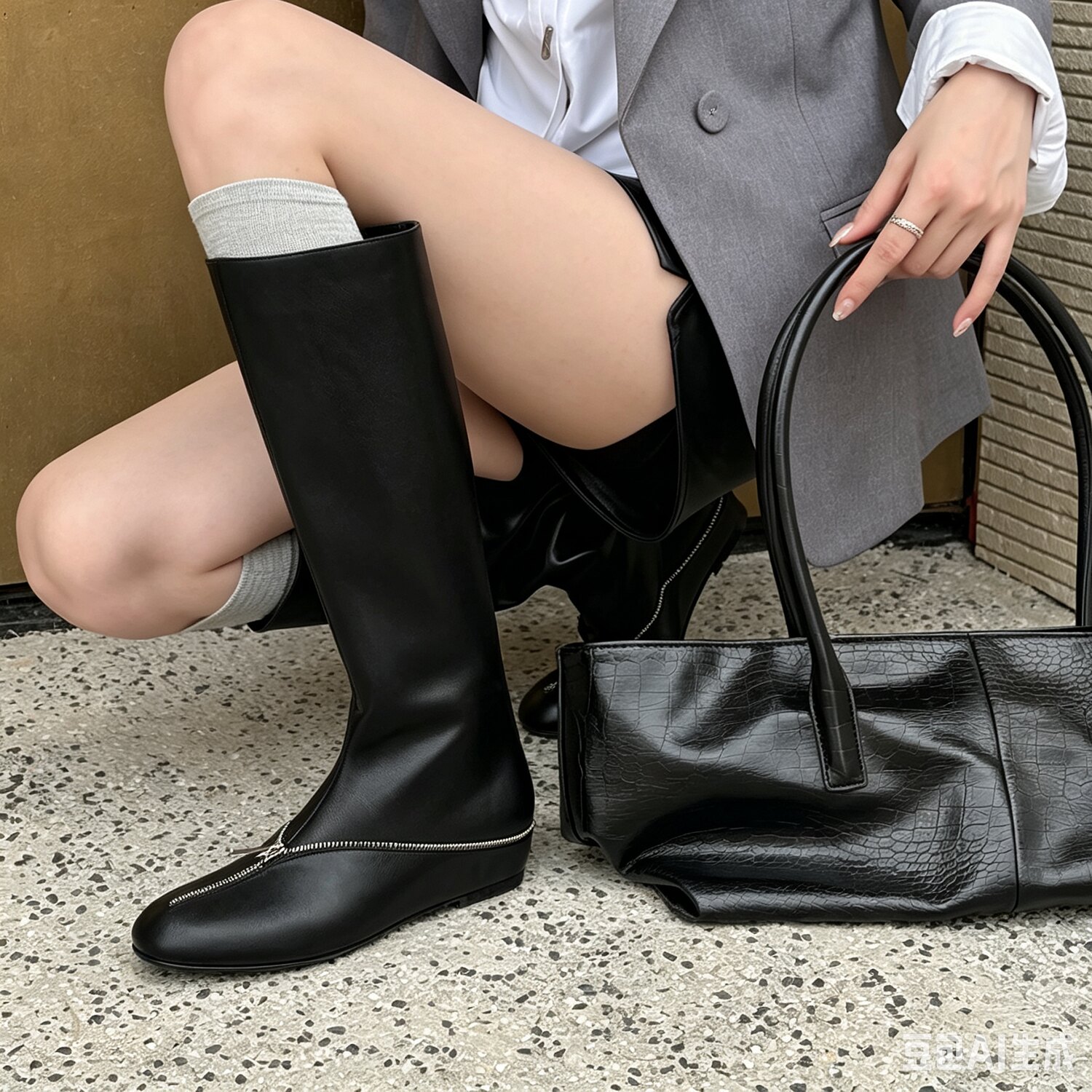 全牛皮~欧美显瘦高筒长筒靴女2026秋季新款前拉链骑士靴中跟长靴