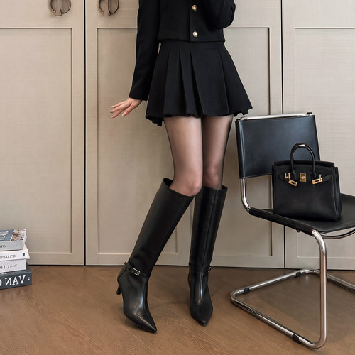全牛皮~皮带扣尖头高跟长靴女
