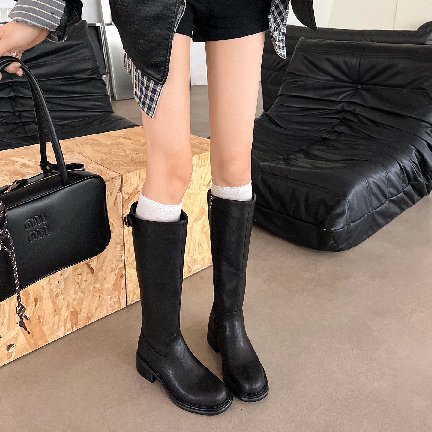 全牛皮~复古圆头侧拉链长靴女2026新款秋冬骑士靴粗跟高筒长筒靴
