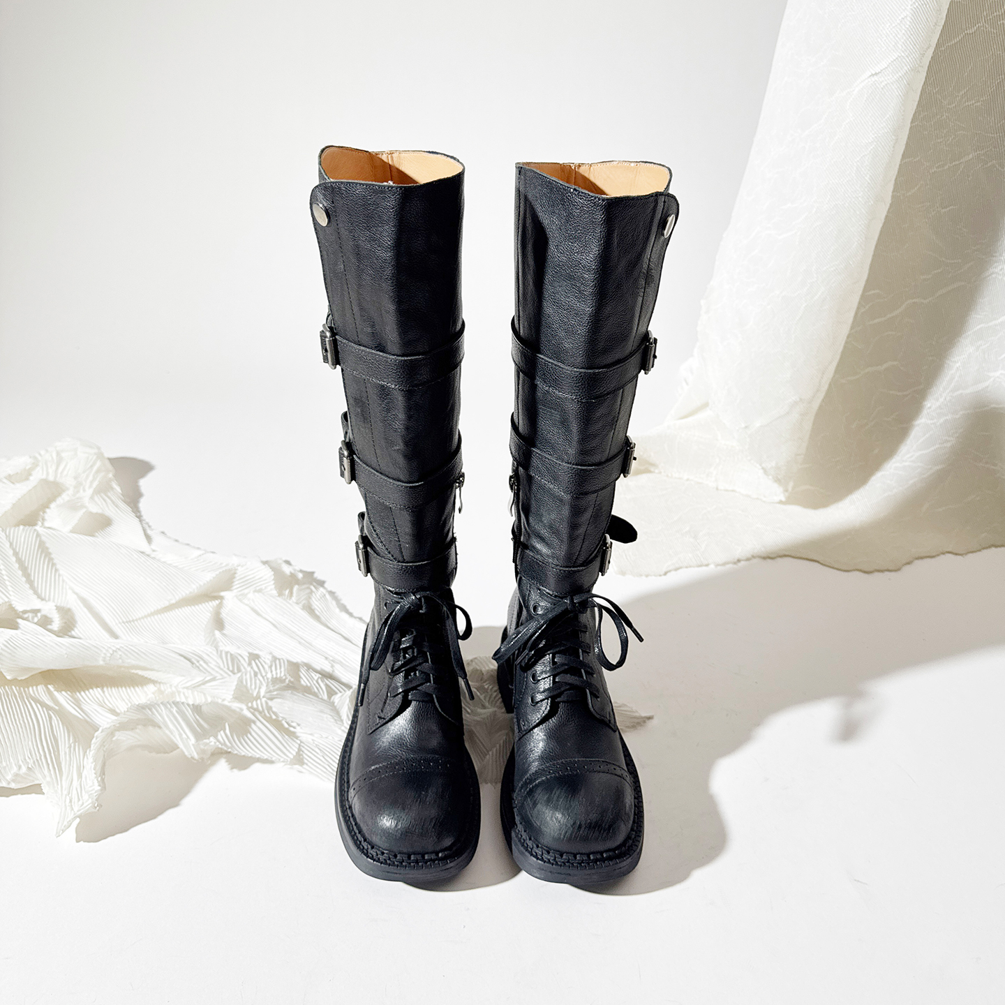 欧美圆头高筒皮带扣骑士靴粗跟