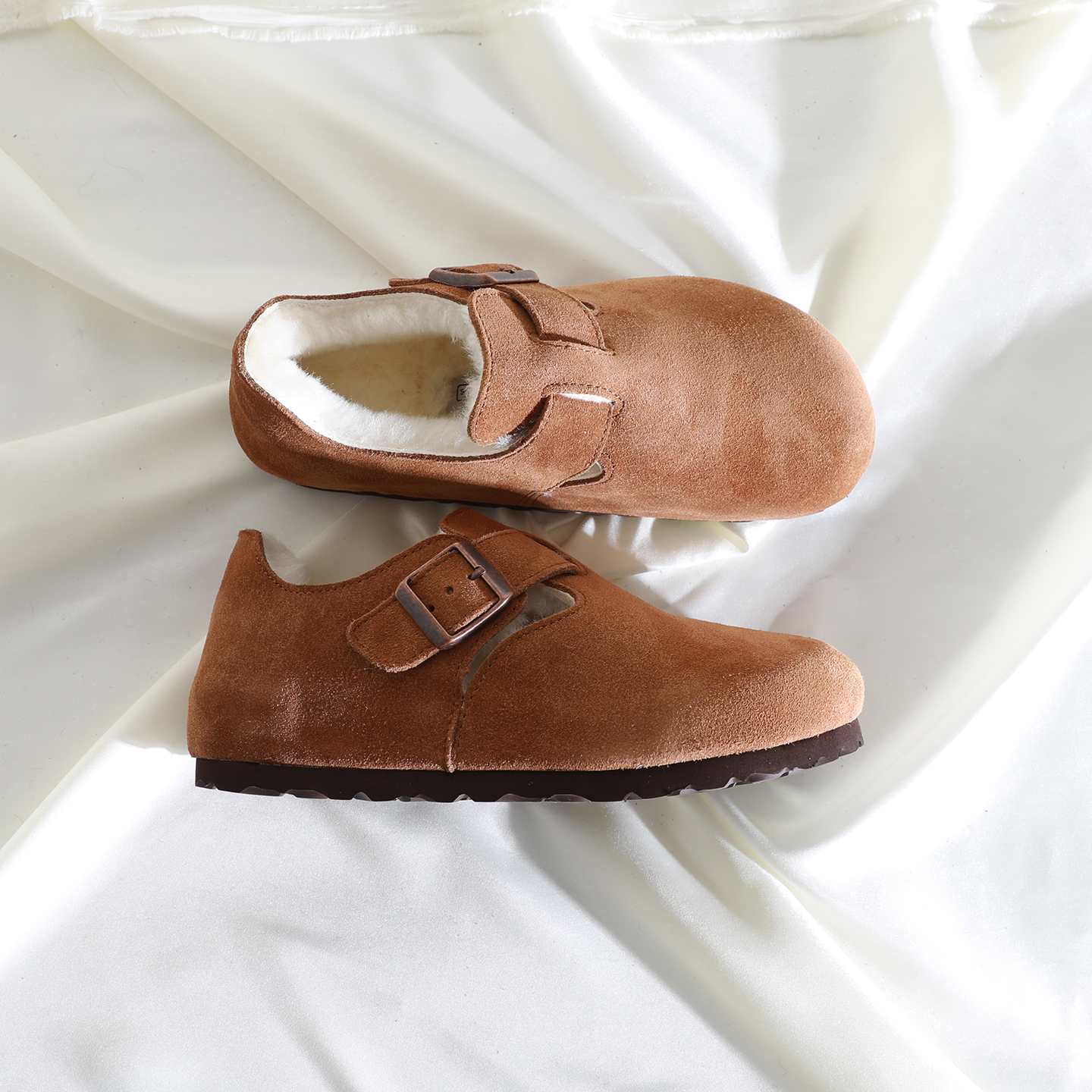 韩版圆头深口皮带扣长绒勃肯鞋