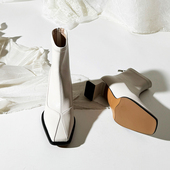 莲花府邸2025冬季 显瘦弹力靴方头气质高跟靴粗跟后拉链时装 瘦瘦靴