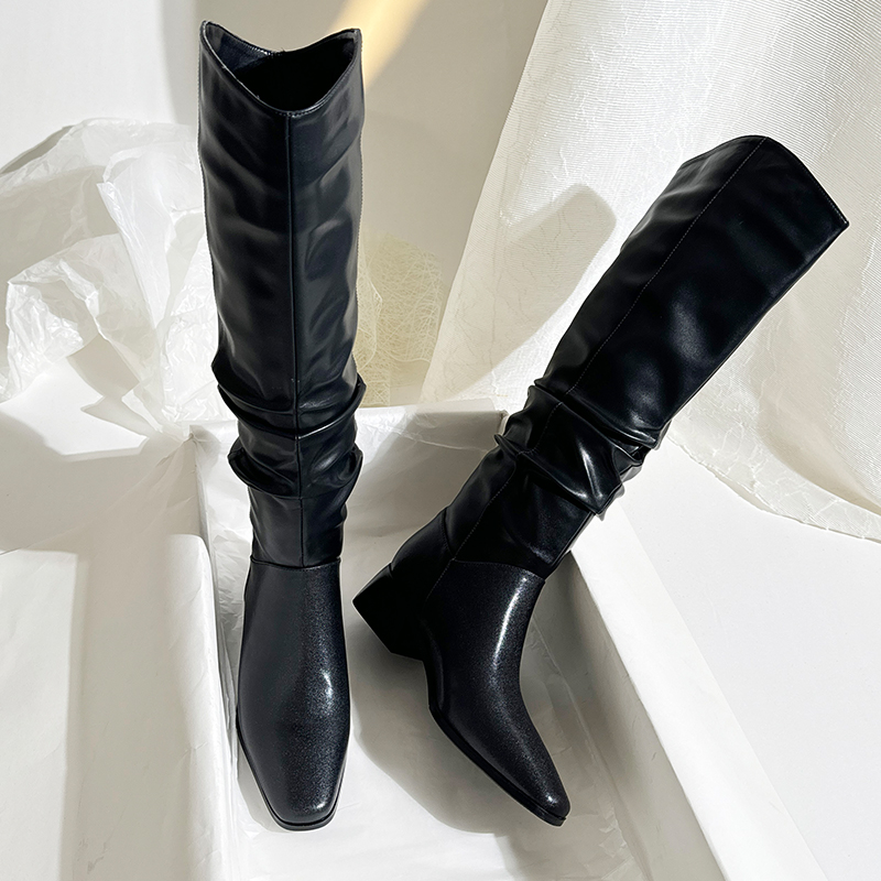 莲花府邸时尚时装靴粗跟褶皱