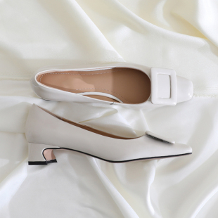 工作鞋 莲花府邸原创新款 百搭真皮四季 方头浅口OL社交中跟女鞋 单鞋