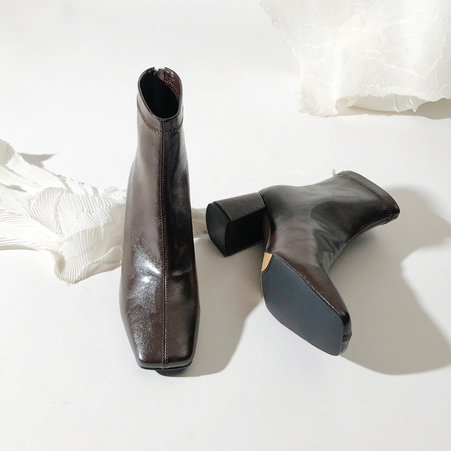 韩版方头短筒后拉链弹力靴粗跟