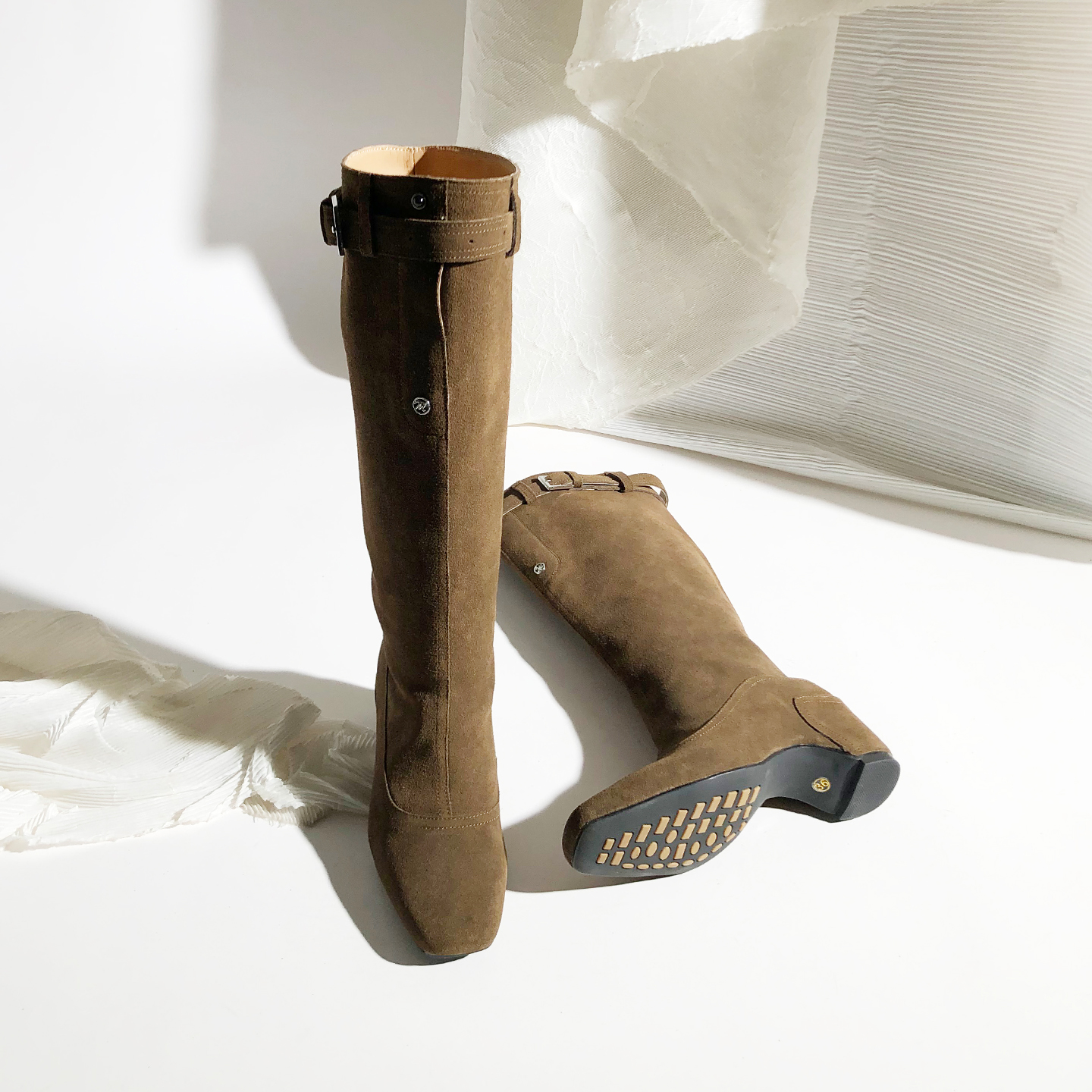 欧美方头高筒皮带扣西部靴内增高