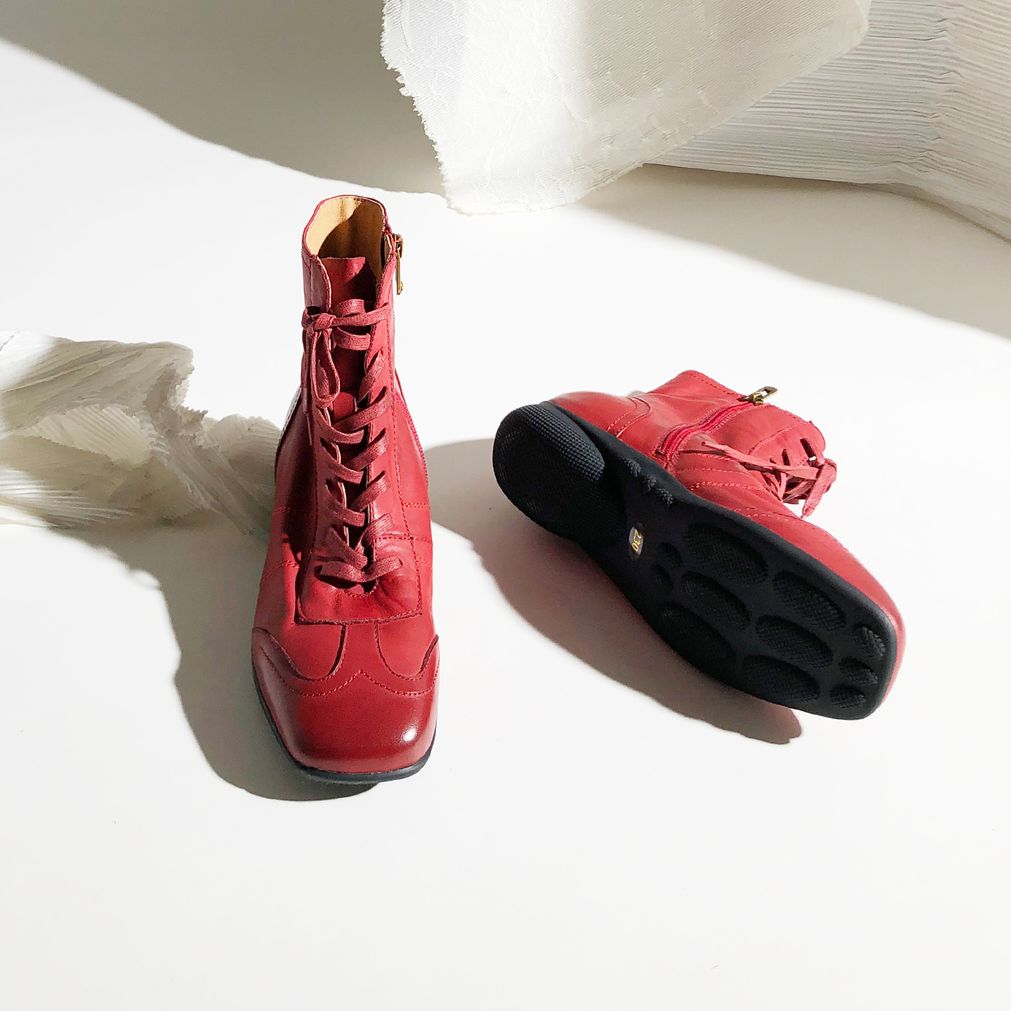 时尚方头短筒系带侧拉链户外靴