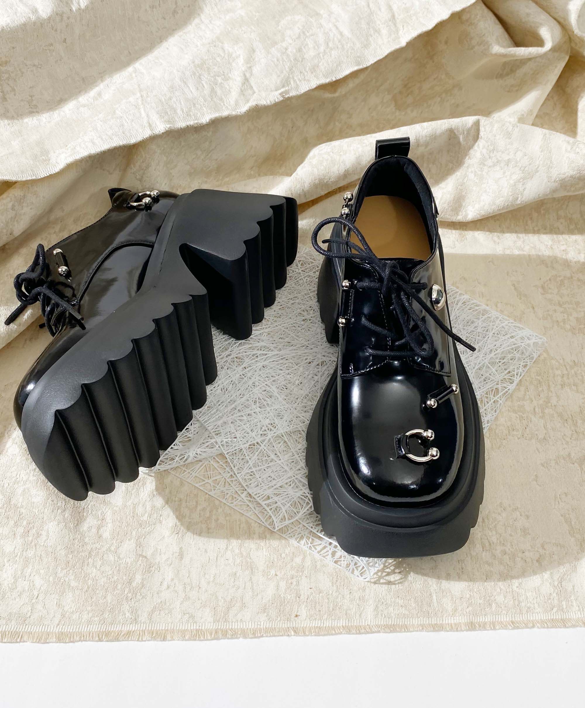 莲花府邸厚底松糕单鞋大头系带小皮鞋时尚欧美春季深口真皮女鞋子