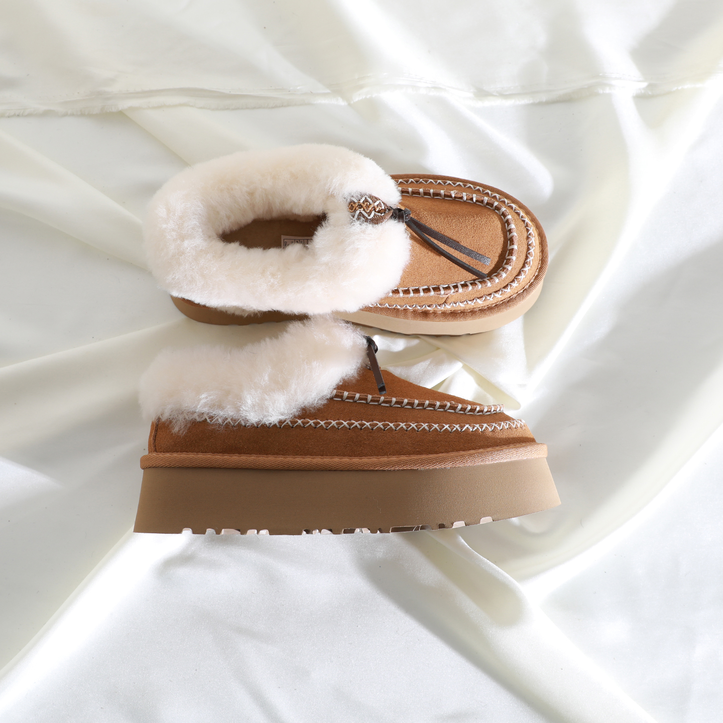 时尚圆头深口拼接长绒毛毛鞋厚底