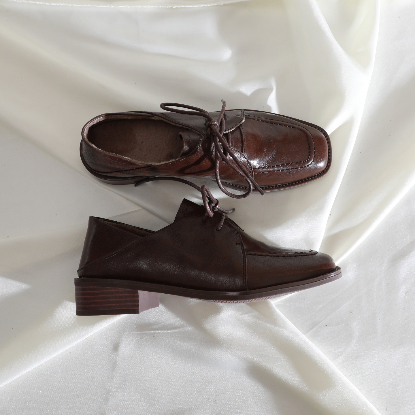 韩版方头深口系带牛津鞋粗跟