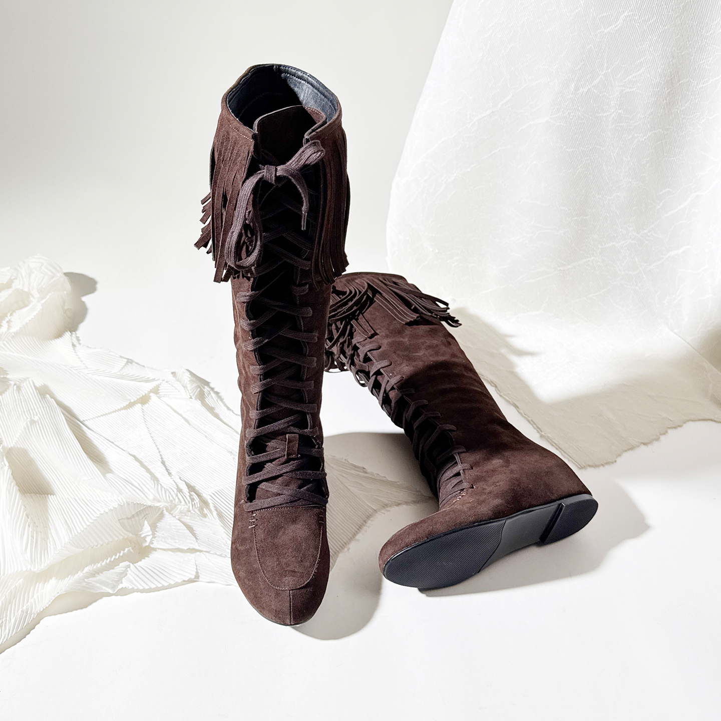 时尚欧美圆头高筒系带流苏西部靴