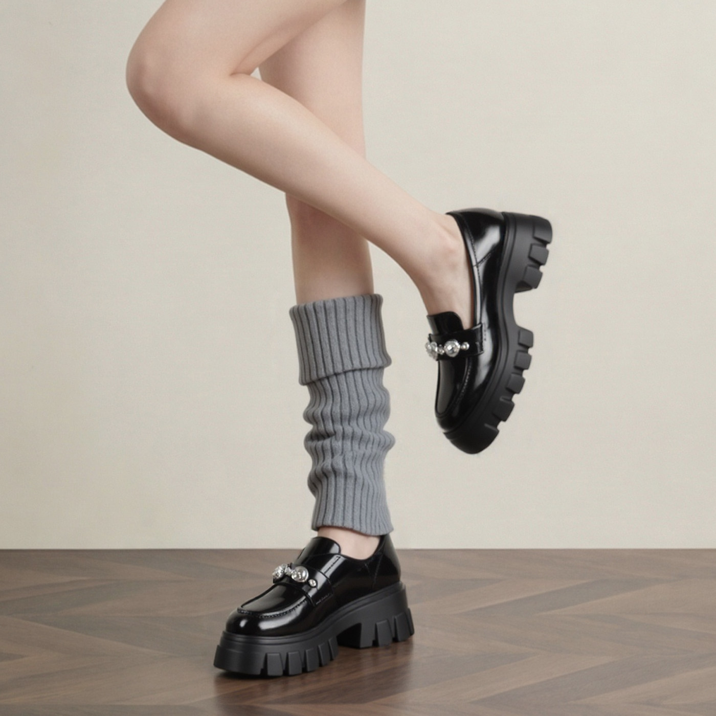 英伦风水钻厚底乐福鞋女里外真皮黑色小皮鞋增高松糕鞋小个子裙子,女鞋,松糕（摇摇）鞋,淘宝优惠券,粉丝福利购,淘宝优惠卷