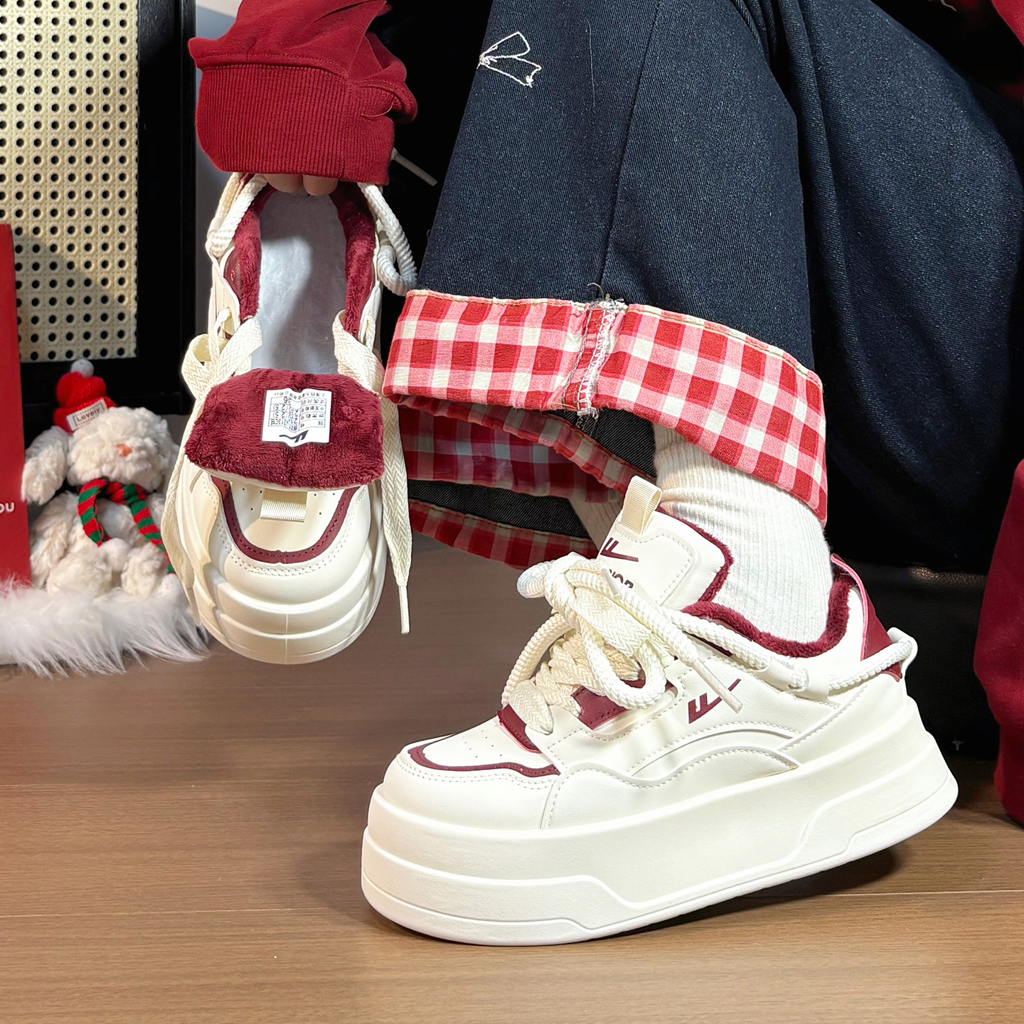 回力加绒酒红色二棉鞋女增高百搭