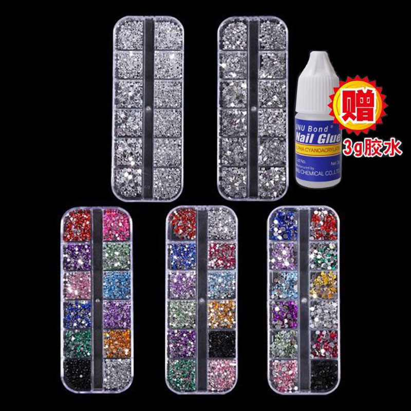 美甲工具指甲饰品平底树脂多色水钻仿奥钻盒装点钻胶水长条12格装