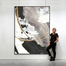 现代简约抽象金色黑白装饰画 玄关过道连廊挂画 手绘油画 浪花