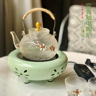 友悦苑陶瓷电陶炉煮茶器茶壶手工锡花锤纹玻璃烧水壶五朵金花茶炉