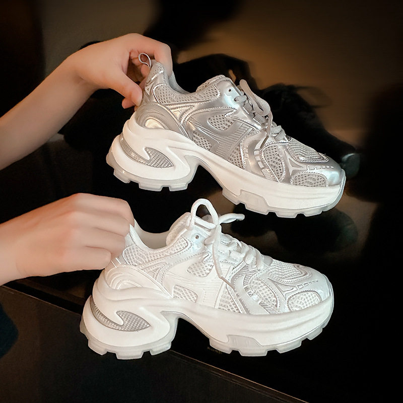 时尚网面增高厚底运动休闲鞋女真皮老爹鞋2024夏秋季新款薄款鞋子,女鞋,老爹鞋,淘宝优惠券,粉丝福利购,淘宝优惠卷