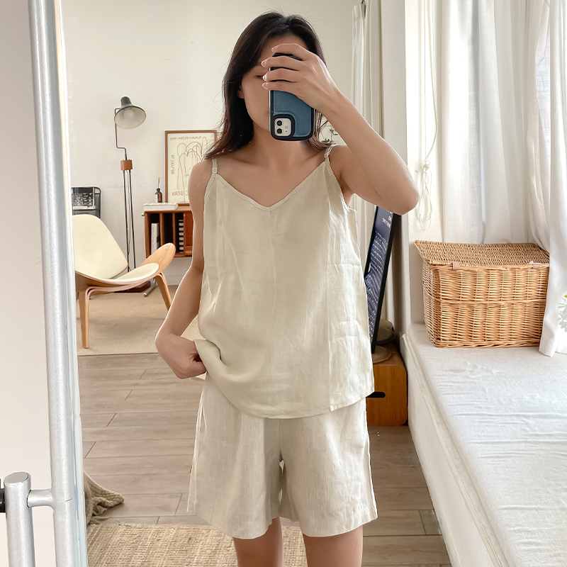 亚麻睡衣套装夏季女款宽松居家服