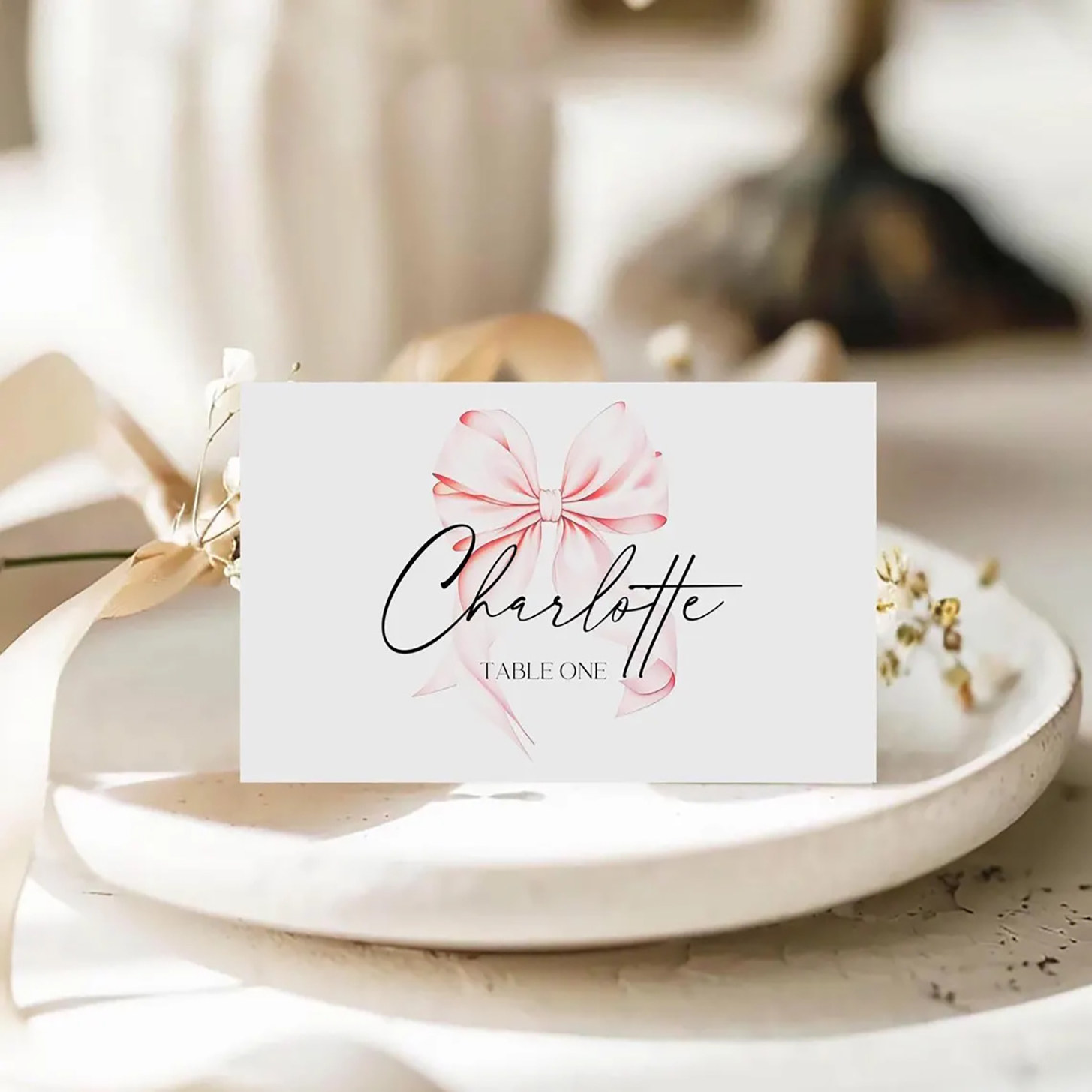 粉色蝴蝶结宝宝婴儿派对婚礼餐盘卡定制宾客座位席位卡place card