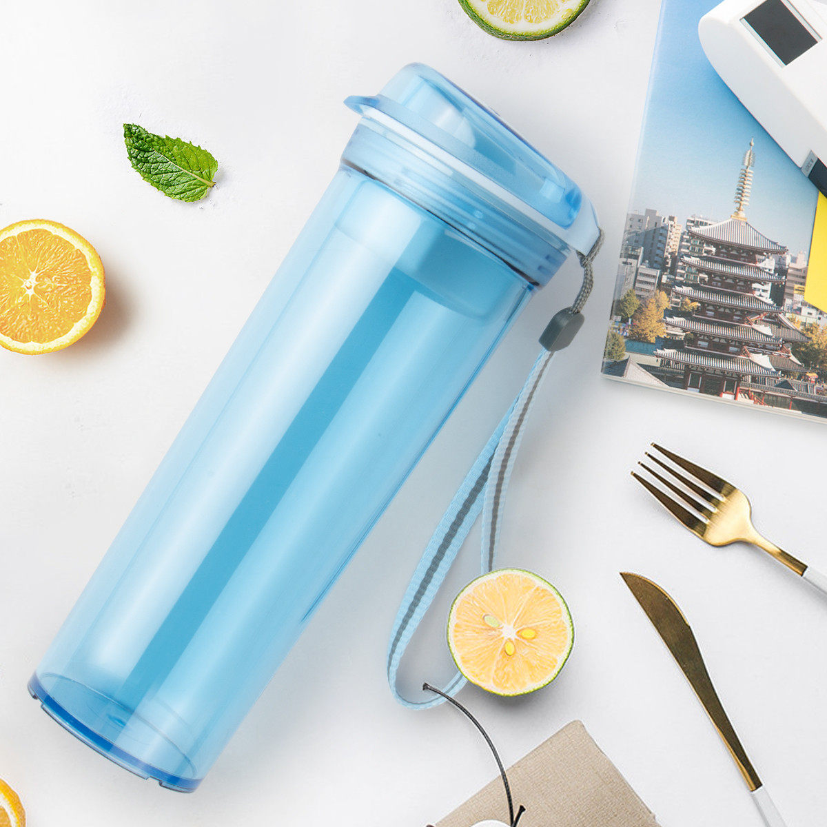 特百惠晶彩max塑料杯大容量运动水杯防漏带茶隔600ml