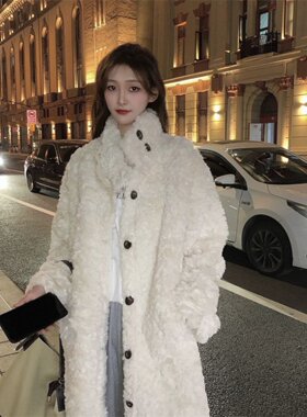 羊羔毛外套女长款大衣过膝设计感财阀家族加厚宽松立领外套