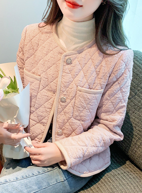 小香风菱形格棉服外套女秋冬2023新款百搭时尚圆领长袖单排扣上衣