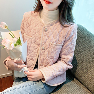小香风菱形格棉服外套女秋冬2023新款百搭时尚圆领长袖单排扣上衣