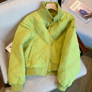 复古立领菱格棉服外套女2025秋冬季新款宽松短款绿色棉衣棉袄大衣