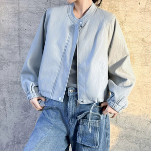 2026春装新款休闲风蓝色短款皮衣外套女圆领拉链夹克高级感小个子