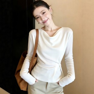 白色荡领长袖针织衫春装女款2026新款打底衣女内搭高级感收腰上衣