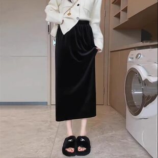 金丝绒半身裙女春秋冬高端高级感百搭显瘦小个子直筒加绒包臀裙子