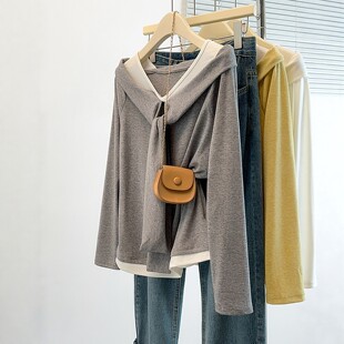 胖mm显瘦时尚 超火V领长袖 大码 女春秋新款 洋气假两件上衣 t恤打底衫