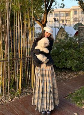 PlaceOrder易梦玲同款百褶格子半身裙2025春季新款低腰A字长裙子