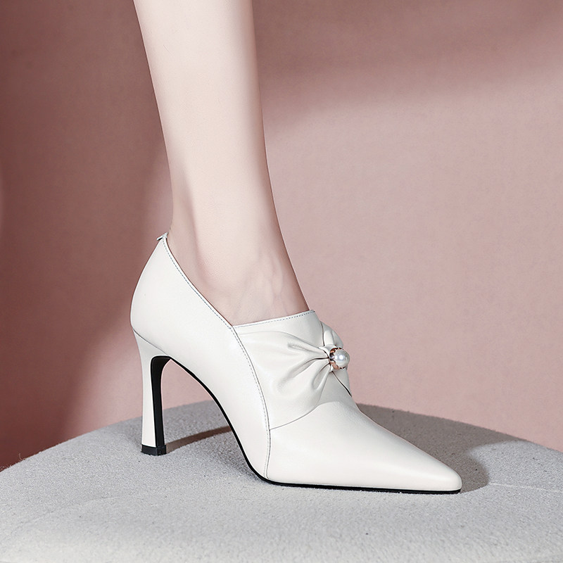 【优质牛皮】2026春季纯色高跟尖头细跟珍珠真皮米白色深口单鞋女