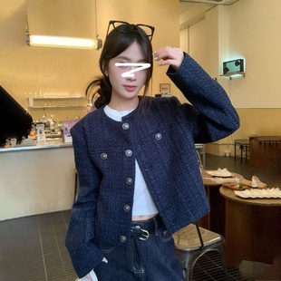 上衣 藏蓝色短款 小香风外套女2024秋冬季 单排复古新款 高级宽松长袖