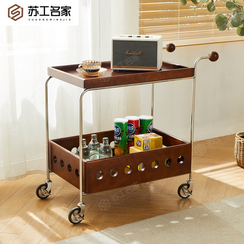 【中古风实木金属双层移动推车】