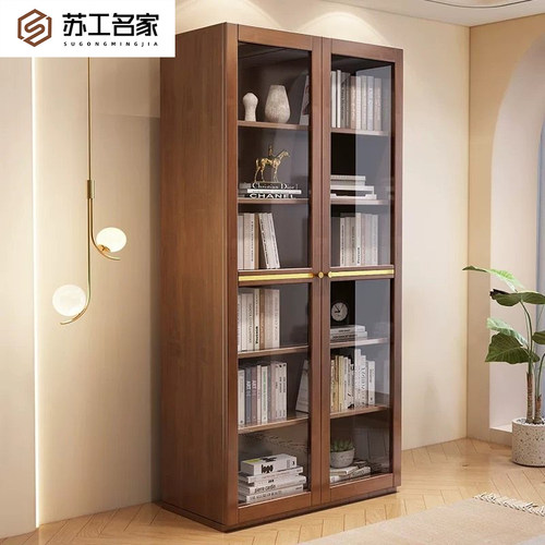 实木玻璃门书柜组合整墙书架储物柜落地家用书房置物架现代文件柜