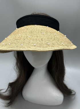 2026新款高级感珍珠拉菲草空顶帽女编织大帽沿遮阳帽夏季防晒草帽