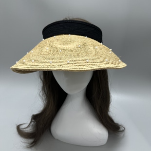 2026新款高级感珍珠拉菲草空顶帽女编织大帽沿遮阳帽夏季防晒草帽