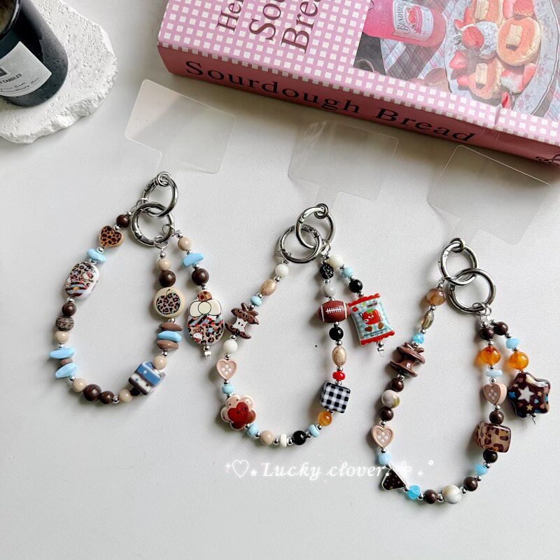 多巴胺卡通手绘串珠撞色创意手机挂件链条防丢包包配饰钥匙扣礼物